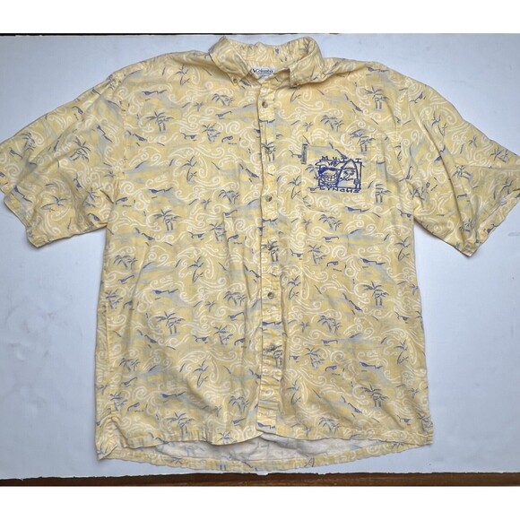 Mutt Lynchs  Columbia Newport Beach CA Hawaiian Shirt XL Yellow Sharks Dog - Picture 2 of 12
